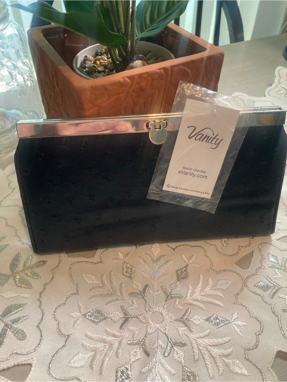 Vanity Black Faux Ostrich Clutch with Silver Accent